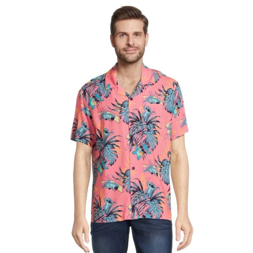 Disney Pink Lilo & Stitch Hawaiian Button Up Shirt Lg Tropical Vacation Resort